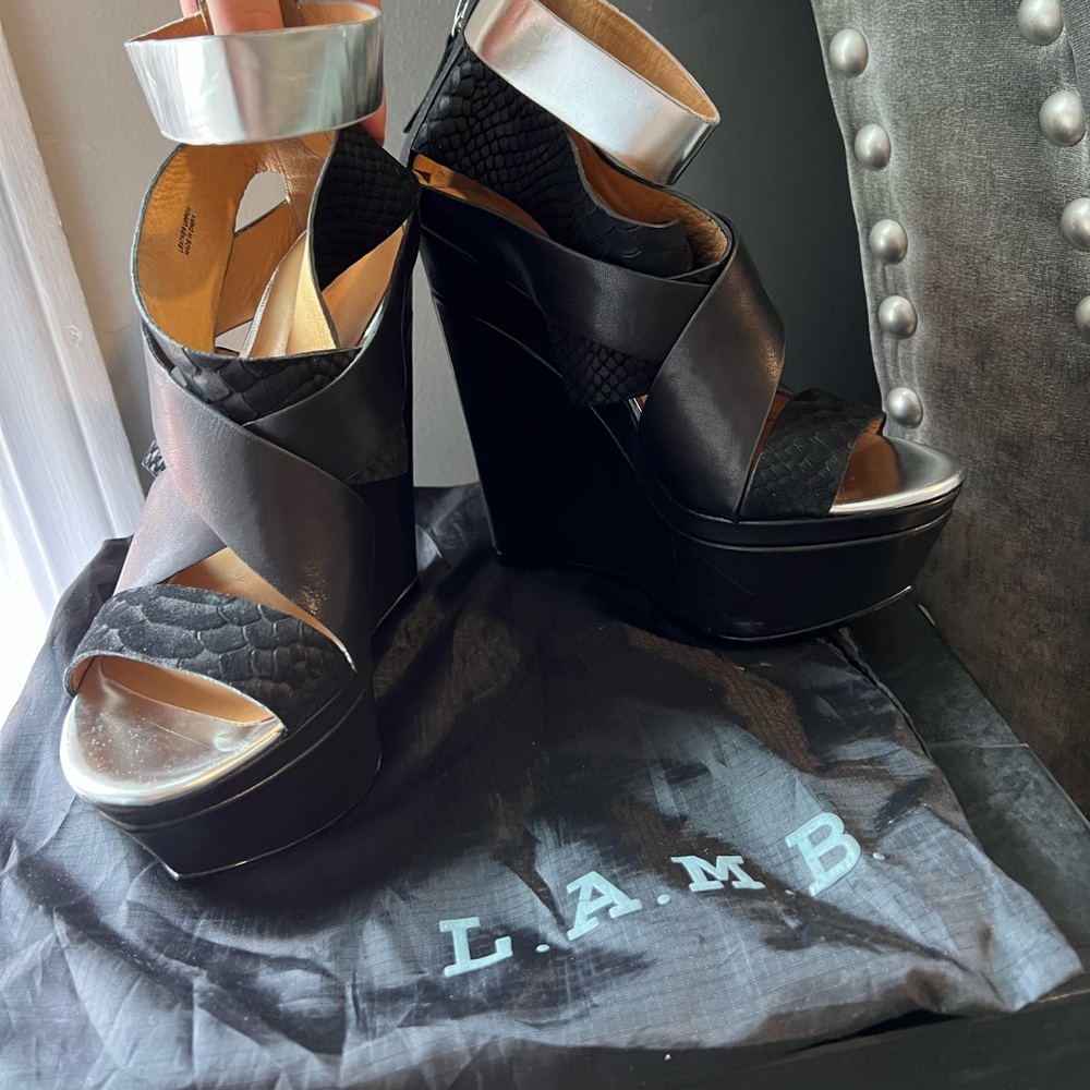L.A.M.B. Strapped black and silver platform wedge size